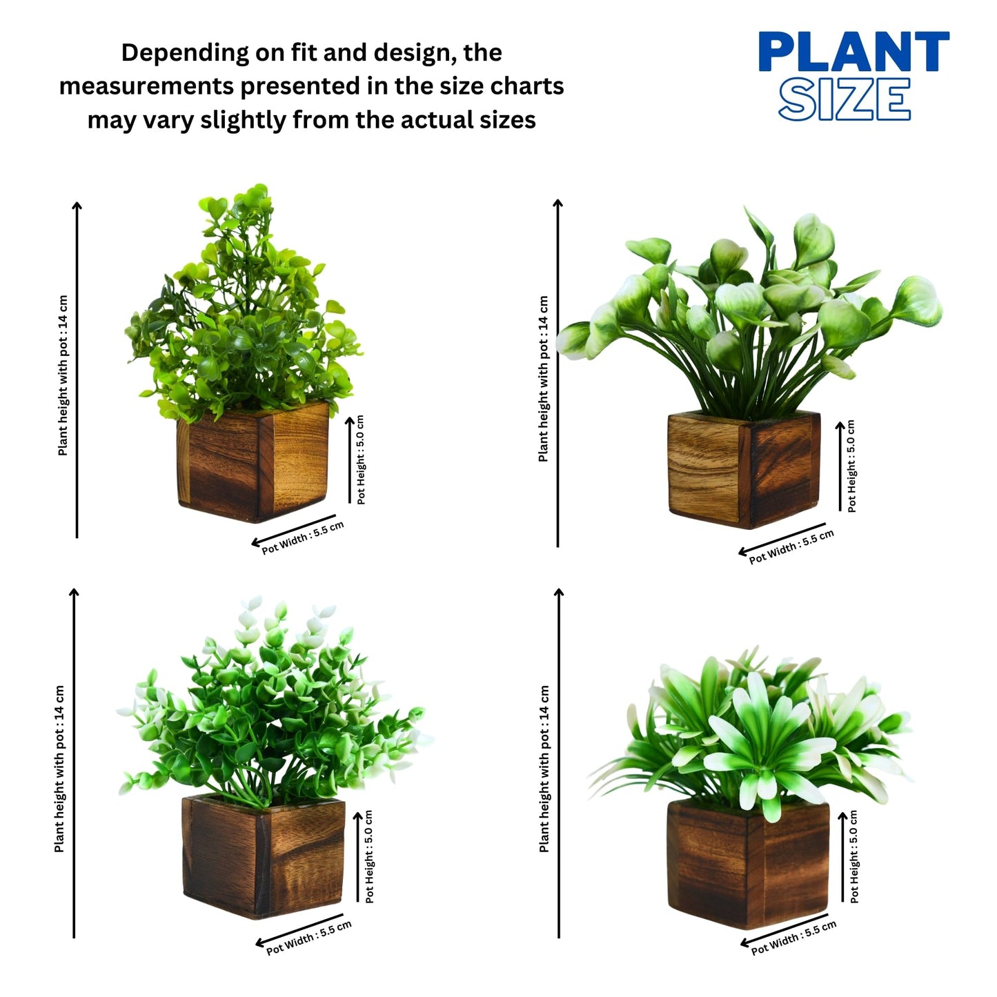 DecoreBugs Artificial Greenery Leave Set in Wooden Pot (4 Pack) Mini Potted Plants for Home Decor, Office Desk, Shelf Decoration, Indoor Small Fake Eucalyptus