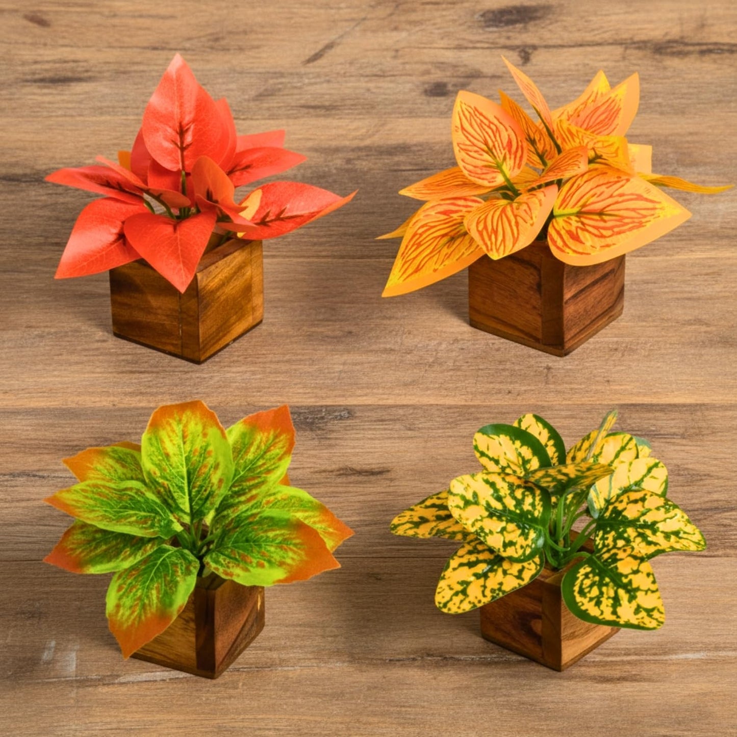 DecoreBugs Artificial Greenery Leave Set in Wooden Pot (4 Pack) Mini Potted Plants for Home Decor, Office Desk, Shelf Decoration, Indoor Small Fake Eucalyptus
