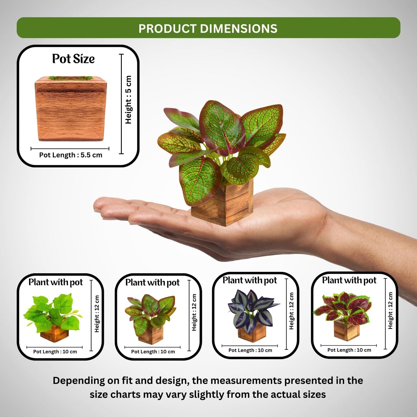 DecoreBugs Artificial Greenery Leave Set in Wooden Pot (4 Pack) Mini Potted Plants for Home Decor, Office Desk, Shelf Decoration, Indoor Small Fake Eucalyptus