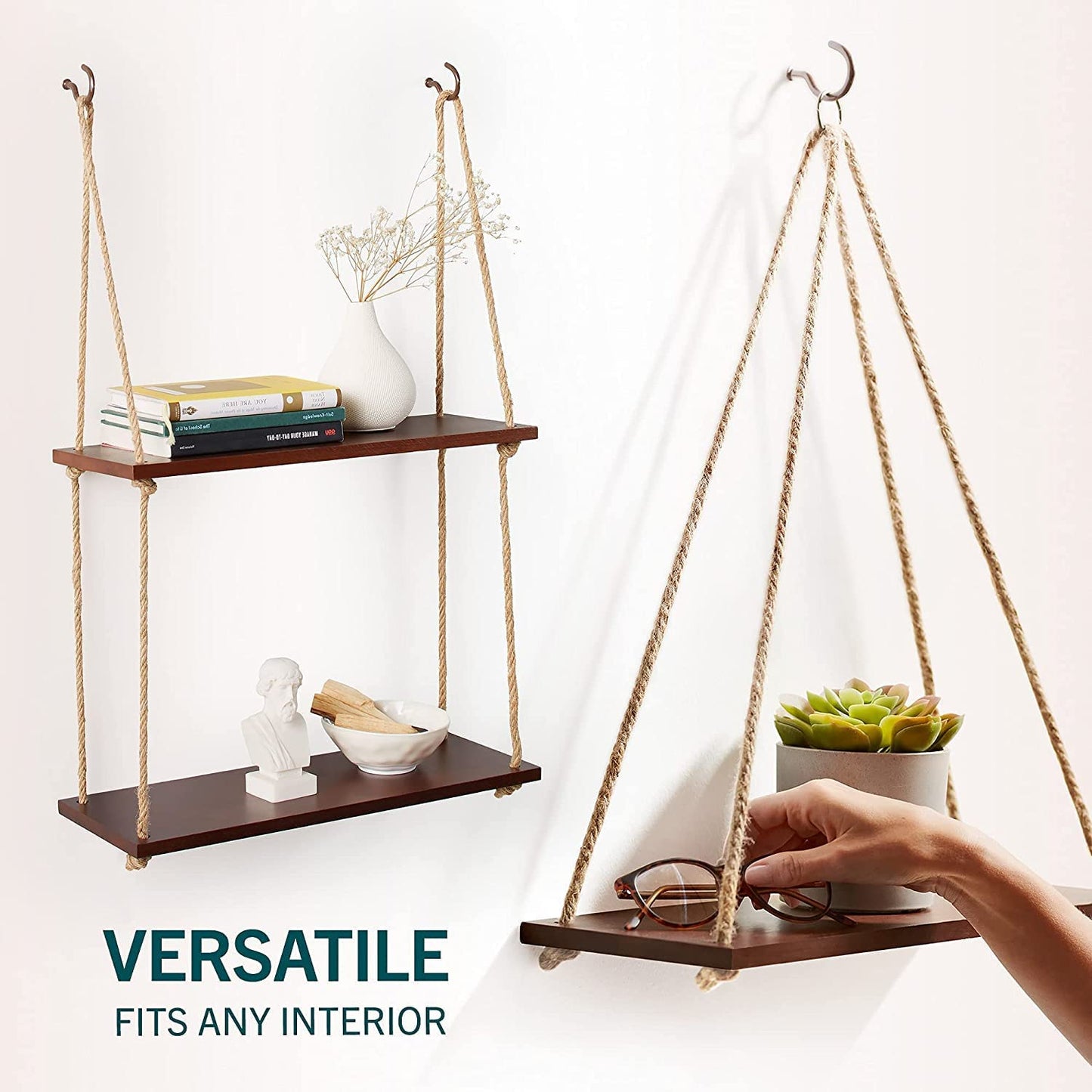 RAKANO Hanging Shelves - Adjustable Rope Hanging Shelf, Wall Hanging Decor, Lightweight, Premium Wooden Shelf, Hanging Plant Shelf for Bedroom and Living Room (1 Pcs)