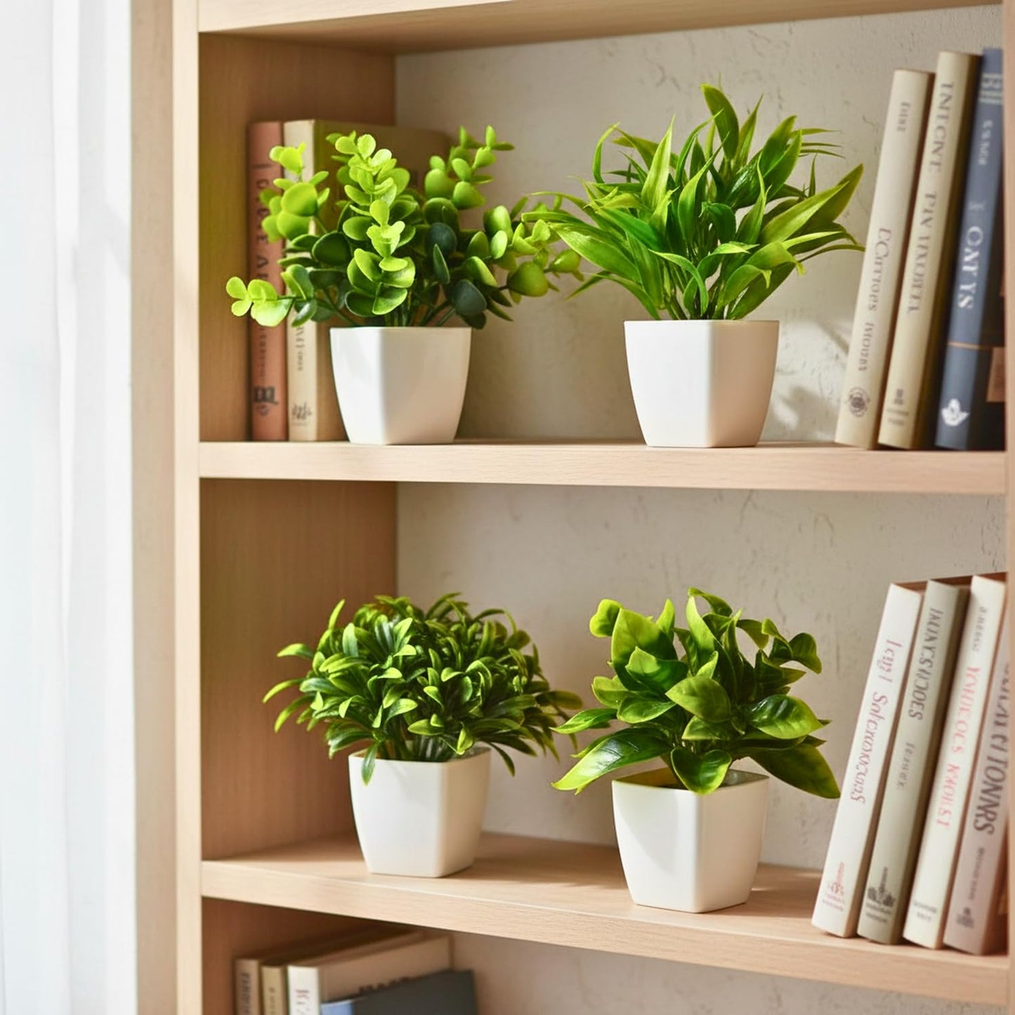 DecoreBugs Artificial Greenery Leave Set in Wooden Pot (4 Pack) Mini Potted Plants for Home Decor, Office Desk, Shelf Decoration, Indoor Small Fake Eucalyptus