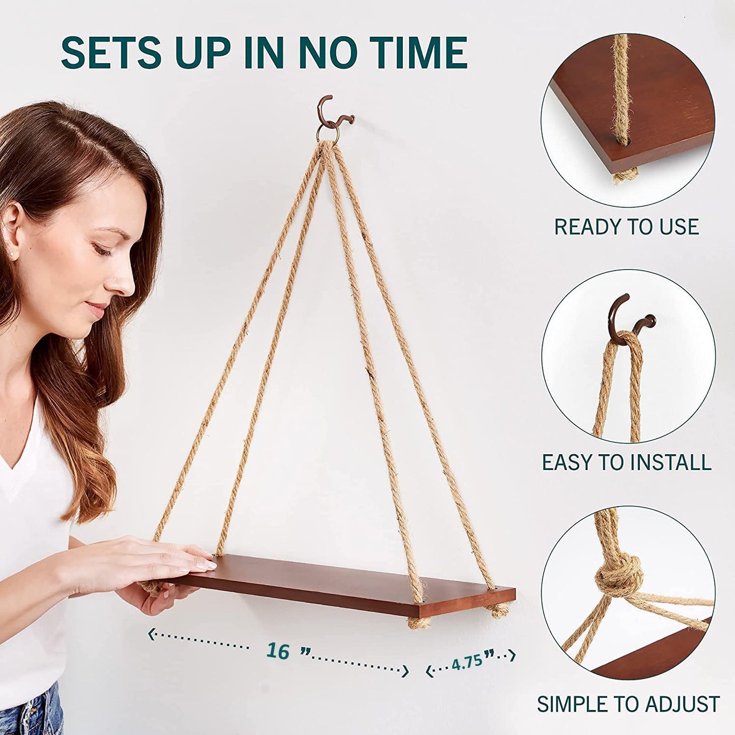 RAKANO Hanging Shelves - Adjustable Rope Hanging Shelf, Wall Hanging Decor, Lightweight, Premium Wooden Shelf, Hanging Plant Shelf for Bedroom and Living Room (1 Pcs)