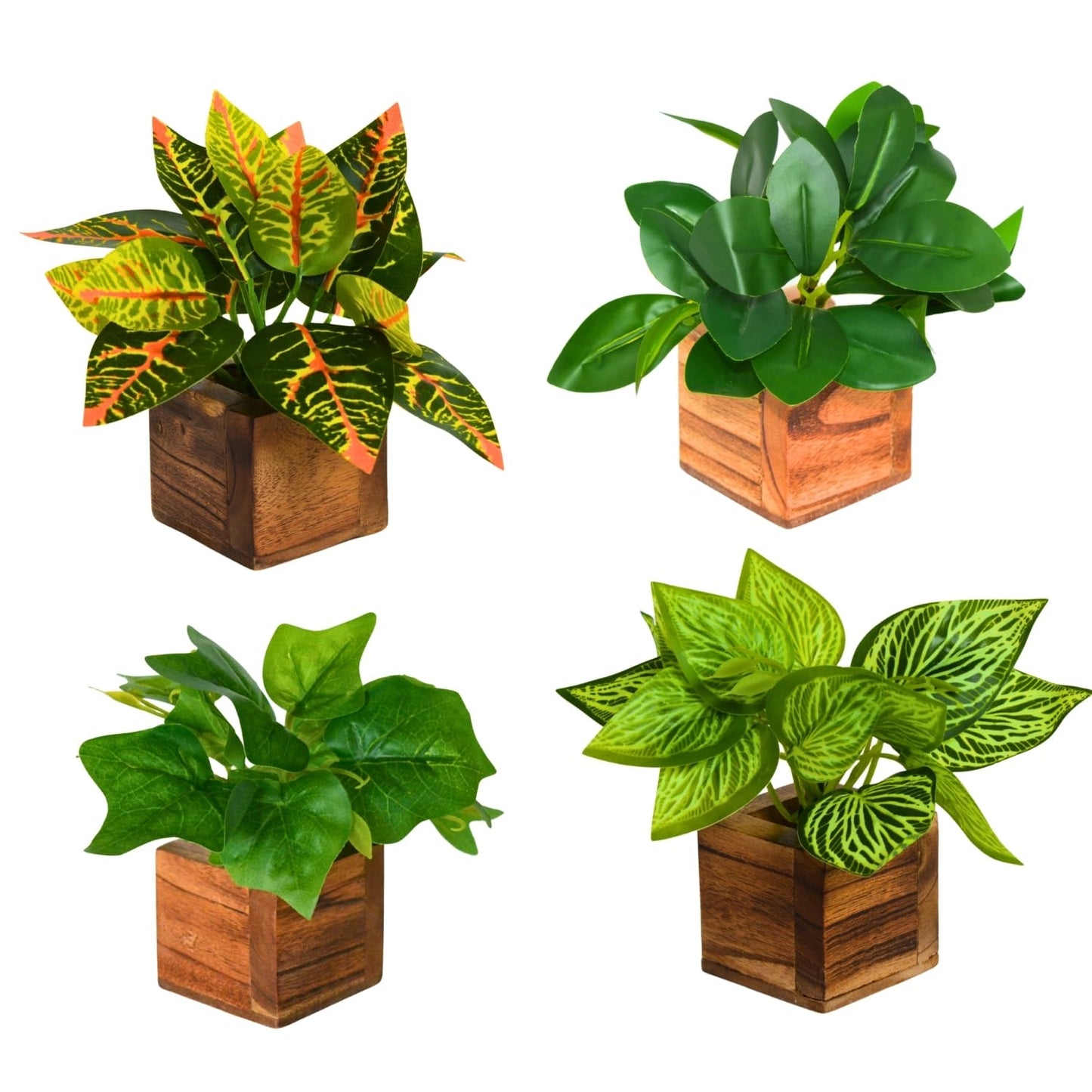 DecoreBugs Artificial Greenery Leave Set in Wooden Pot (4 Pack) Mini Potted Plants for Home Decor, Office Desk, Shelf Decoration, Indoor Small Fake Eucalyptus