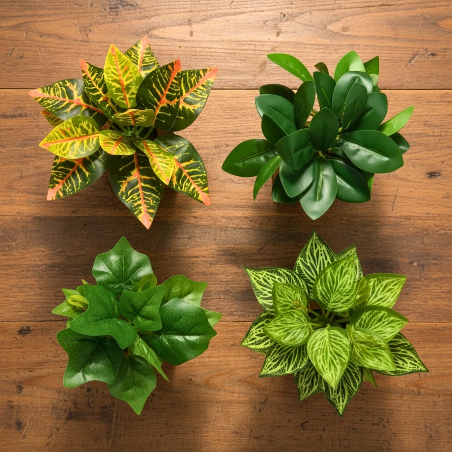 DecoreBugs Artificial Greenery Leave Set in Wooden Pot (4 Pack) Mini Potted Plants for Home Decor, Office Desk, Shelf Decoration, Indoor Small Fake Eucalyptus