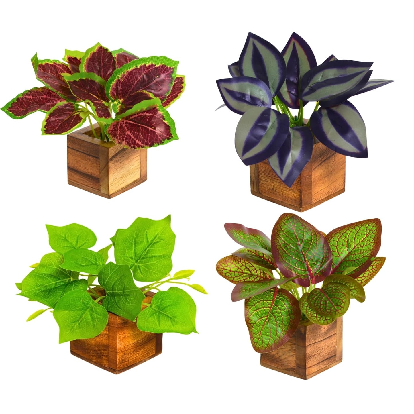 DecoreBugs Artificial Greenery Leave Set in Wooden Pot (4 Pack) Mini Potted Plants for Home Decor, Office Desk, Shelf Decoration, Indoor Small Fake Eucalyptus