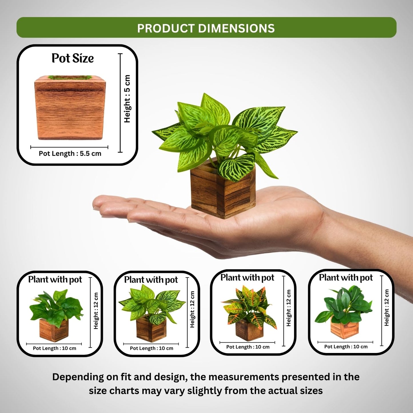 DecoreBugs Artificial Greenery Leave Set in Wooden Pot (4 Pack) Mini Potted Plants for Home Decor, Office Desk, Shelf Decoration, Indoor Small Fake Eucalyptus