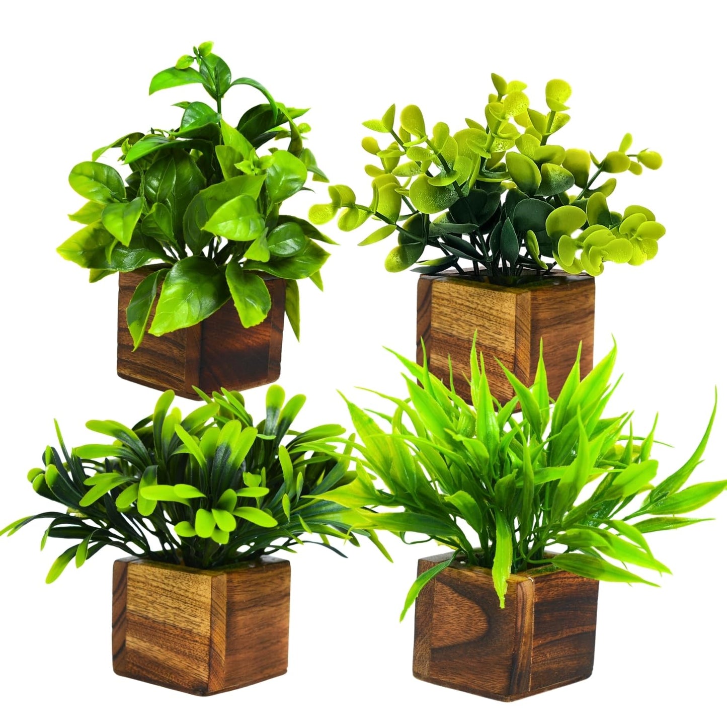 DecoreBugs Artificial Greenery Leave Set in Wooden Pot (4 Pack) Mini Potted Plants for Home Decor, Office Desk, Shelf Decoration, Indoor Small Fake Eucalyptus