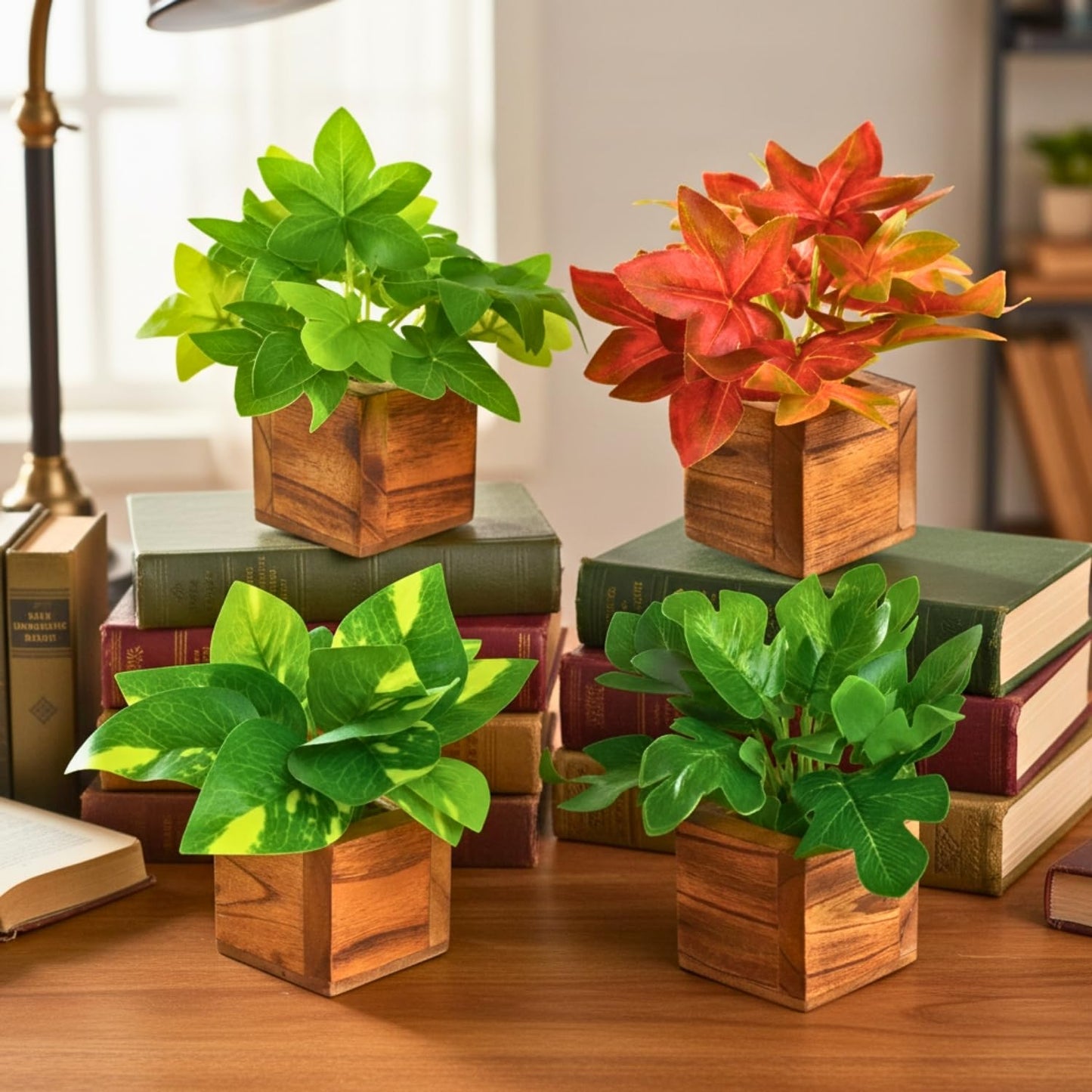 DecoreBugs Artificial Greenery Leave Set in Wooden Pot (4 Pack) Mini Potted Plants for Home Decor, Office Desk, Shelf Decoration, Indoor Small Fake Eucalyptus