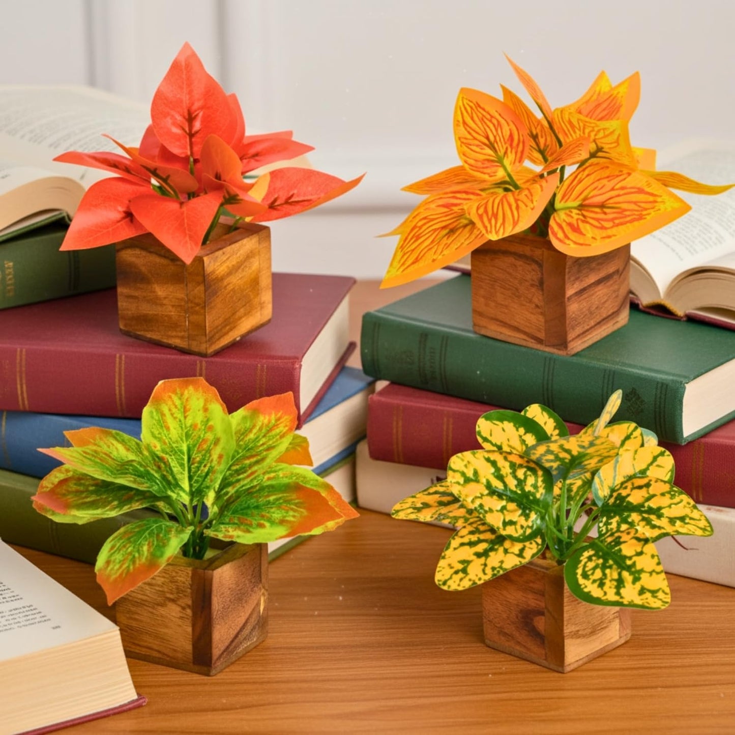 DecoreBugs Artificial Greenery Leave Set in Wooden Pot (4 Pack) Mini Potted Plants for Home Decor, Office Desk, Shelf Decoration, Indoor Small Fake Eucalyptus