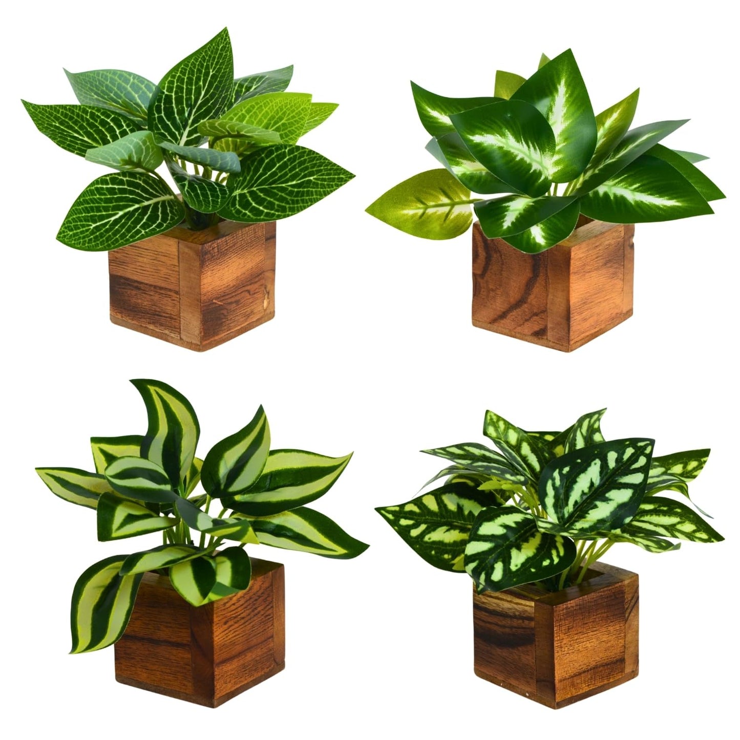 DecoreBugs Artificial Greenery Leave Set in Wooden Pot (4 Pack) Mini Potted Plants for Home Decor, Office Desk, Shelf Decoration, Indoor Small Fake Eucalyptus
