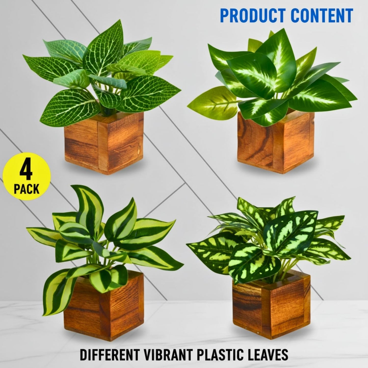 DecoreBugs Artificial Greenery Leave Set in Wooden Pot (4 Pack) Mini Potted Plants for Home Decor, Office Desk, Shelf Decoration, Indoor Small Fake Eucalyptus