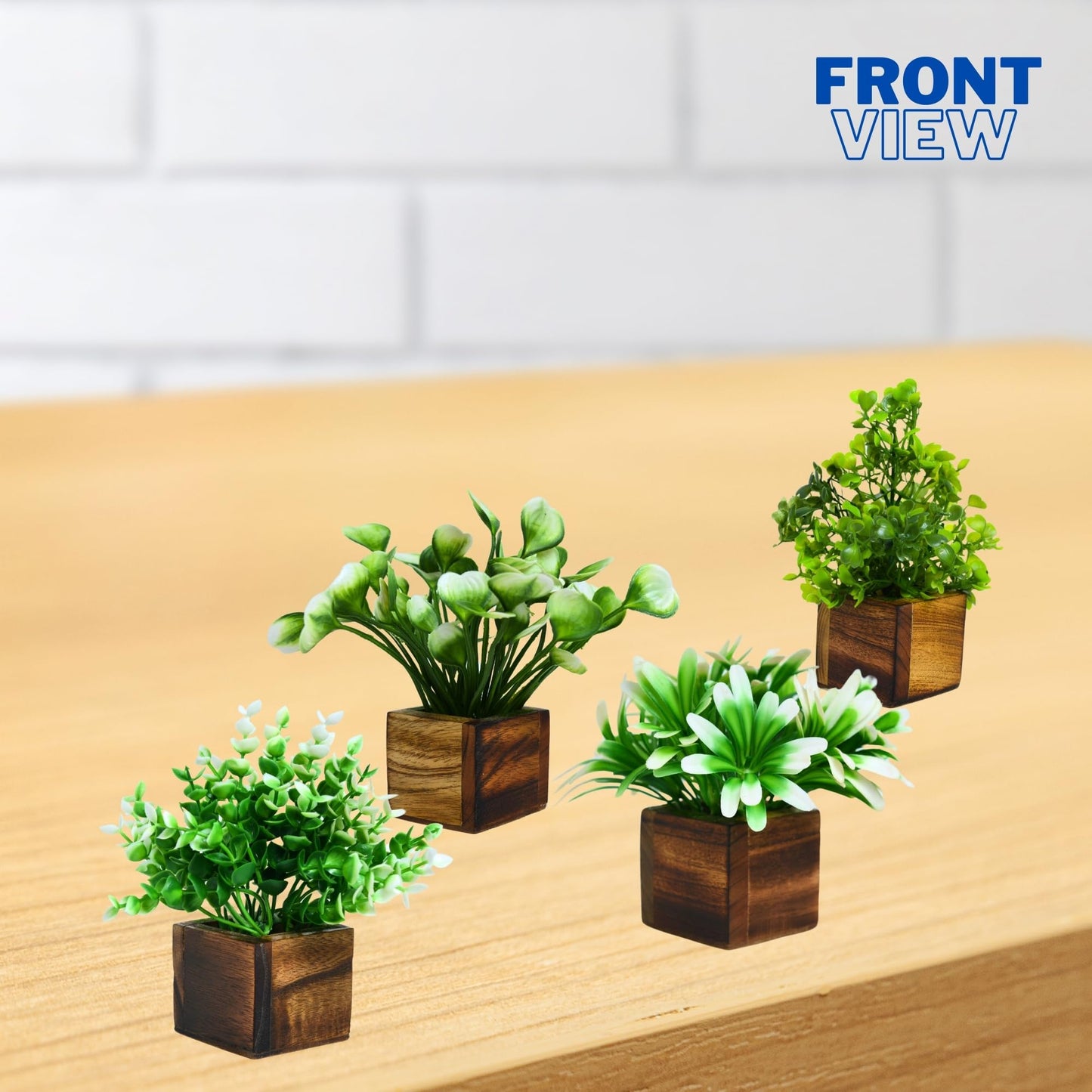 DecoreBugs Artificial Greenery Leave Set in Wooden Pot (4 Pack) Mini Potted Plants for Home Decor, Office Desk, Shelf Decoration, Indoor Small Fake Eucalyptus