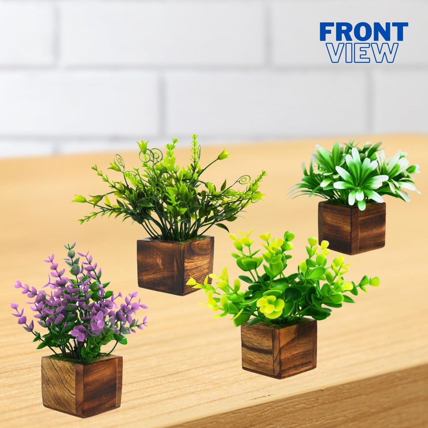 DecoreBugs Artificial Greenery Leave Set in Wooden Pot (4 Pack) Mini Potted Plants for Home Decor, Office Desk, Shelf Decoration, Indoor Small Fake Eucalyptus