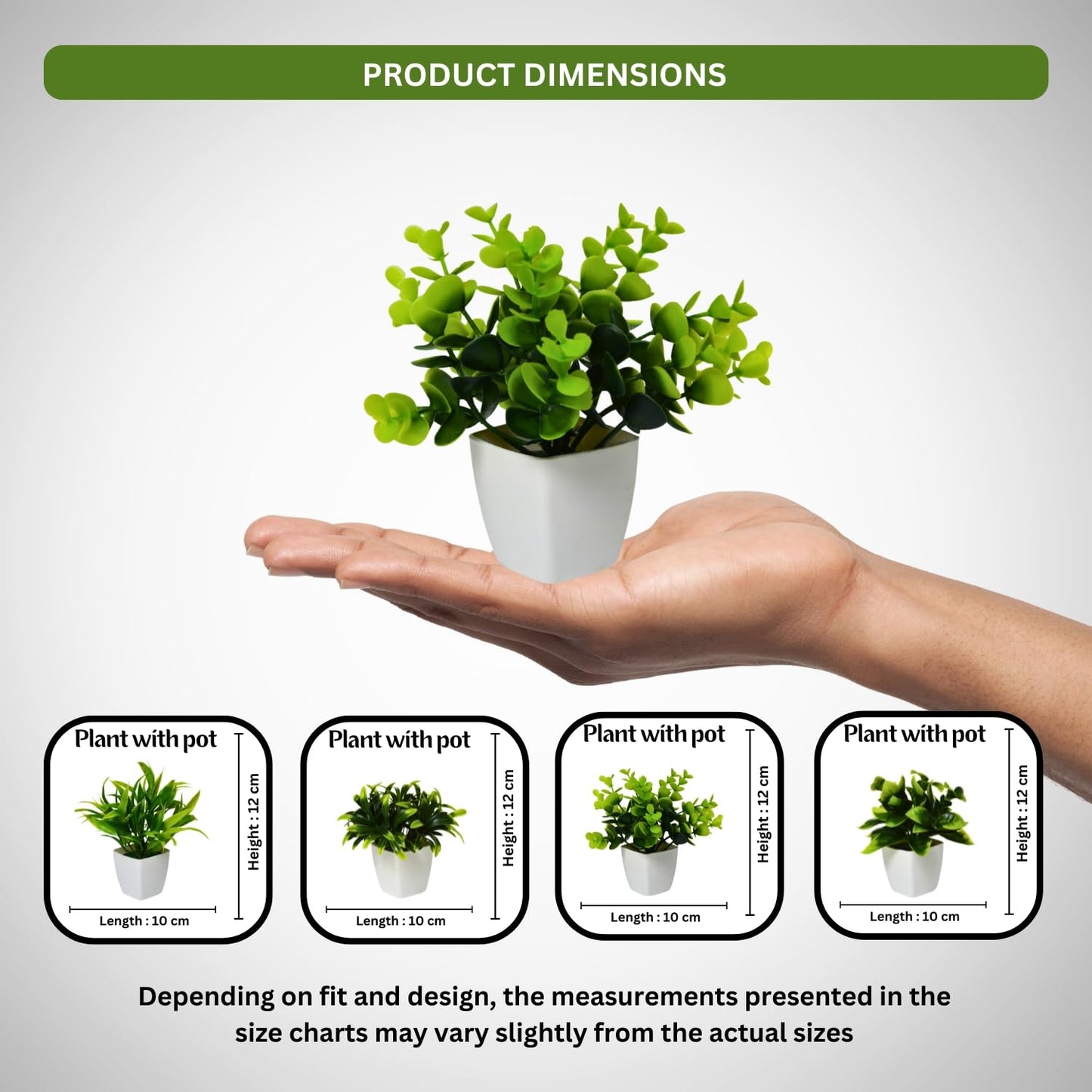 DecoreBugs Artificial Greenery Leave Set in Wooden Pot (4 Pack) Mini Potted Plants for Home Decor, Office Desk, Shelf Decoration, Indoor Small Fake Eucalyptus