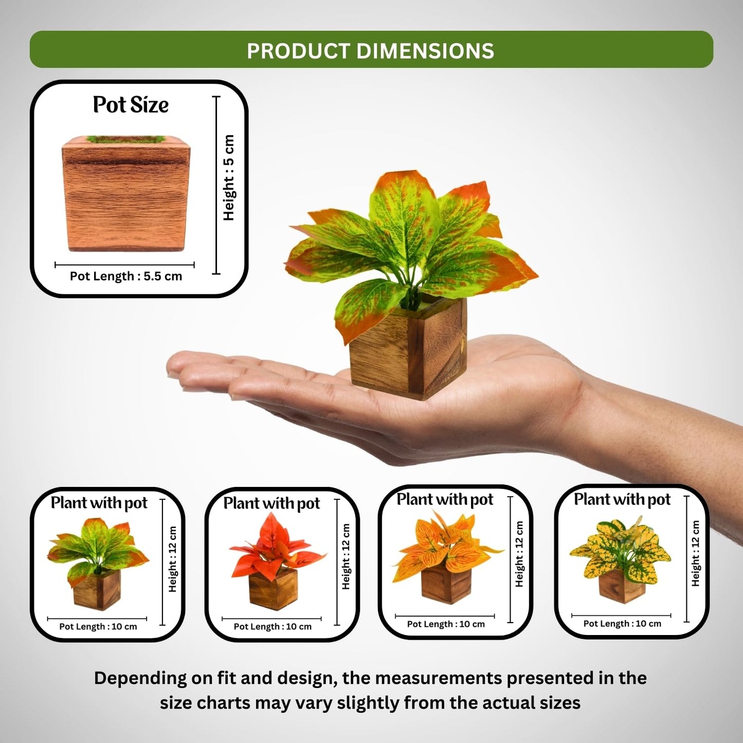 DecoreBugs Artificial Greenery Leave Set in Wooden Pot (4 Pack) Mini Potted Plants for Home Decor, Office Desk, Shelf Decoration, Indoor Small Fake Eucalyptus