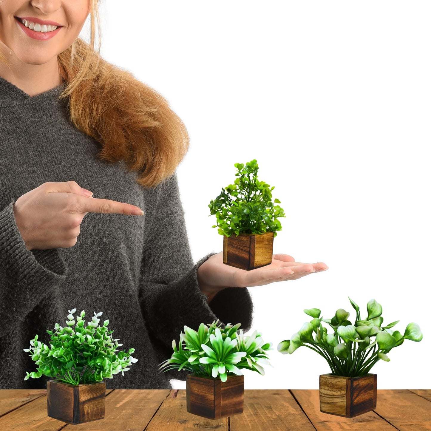 DecoreBugs Artificial Greenery Leave Set in Wooden Pot (4 Pack) Mini Potted Plants for Home Decor, Office Desk, Shelf Decoration, Indoor Small Fake Eucalyptus