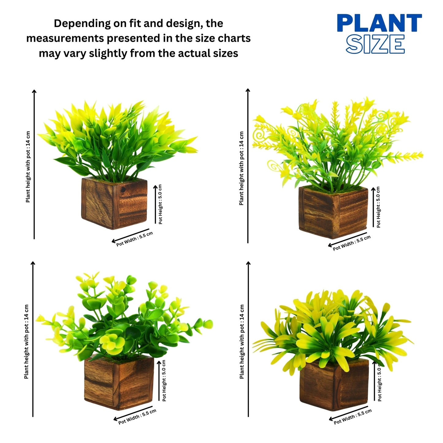 DecoreBugs Artificial Greenery Leave Set in Wooden Pot (4 Pack) Mini Potted Plants for Home Decor, Office Desk, Shelf Decoration, Indoor Small Fake Eucalyptus