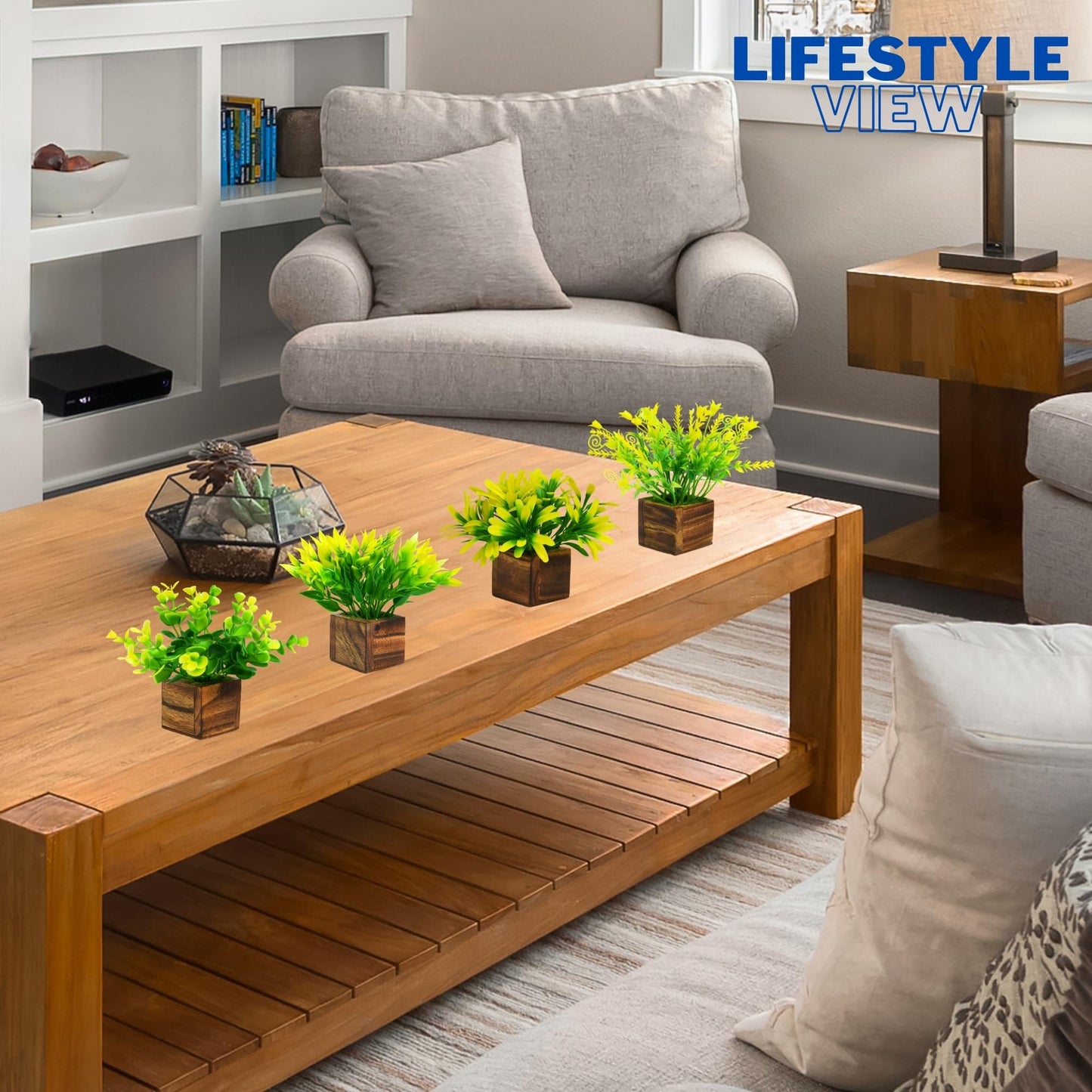 DecoreBugs Artificial Greenery Leave Set in Wooden Pot (4 Pack) Mini Potted Plants for Home Decor, Office Desk, Shelf Decoration, Indoor Small Fake Eucalyptus