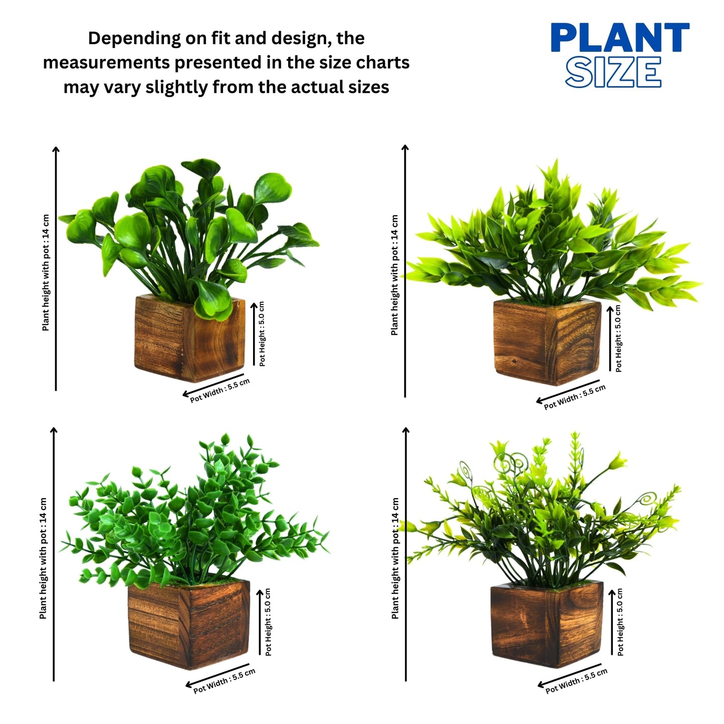 DecoreBugs Artificial Greenery Leave Set in Wooden Pot (4 Pack) Mini Potted Plants for Home Decor, Office Desk, Shelf Decoration, Indoor Small Fake Eucalyptus
