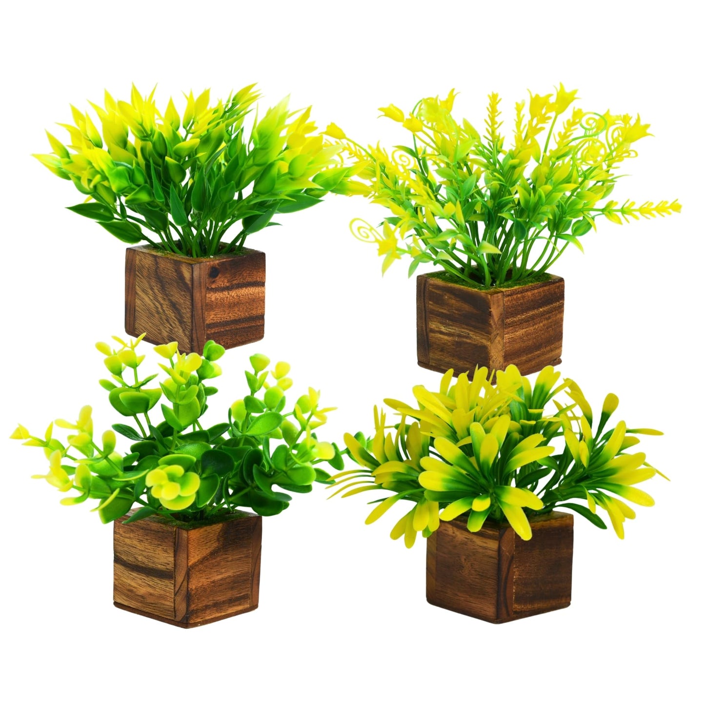 DecoreBugs Artificial Greenery Leave Set in Wooden Pot (4 Pack) Mini Potted Plants for Home Decor, Office Desk, Shelf Decoration, Indoor Small Fake Eucalyptus