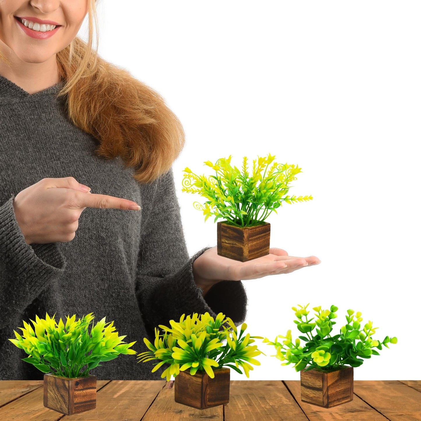 DecoreBugs Artificial Greenery Leave Set in Wooden Pot (4 Pack) Mini Potted Plants for Home Decor, Office Desk, Shelf Decoration, Indoor Small Fake Eucalyptus