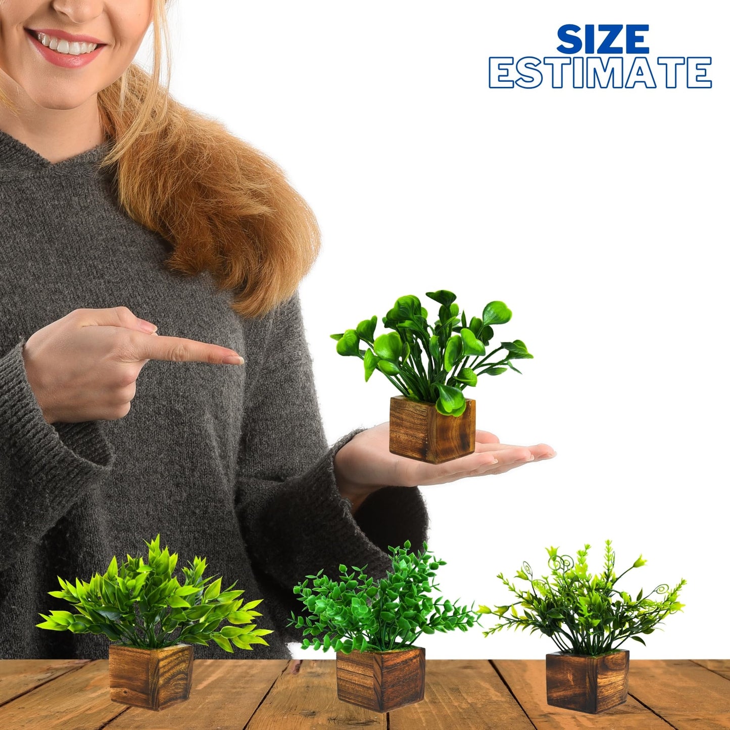 DecoreBugs Artificial Greenery Leave Set in Wooden Pot (4 Pack) Mini Potted Plants for Home Decor, Office Desk, Shelf Decoration, Indoor Small Fake Eucalyptus
