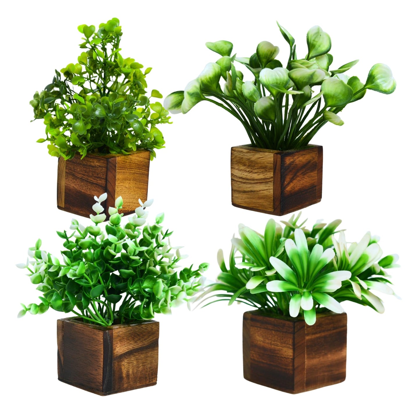 DecoreBugs Artificial Greenery Leave Set in Wooden Pot (4 Pack) Mini Potted Plants for Home Decor, Office Desk, Shelf Decoration, Indoor Small Fake Eucalyptus
