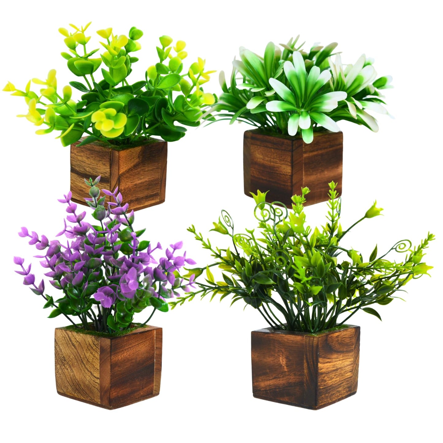DecoreBugs Artificial Greenery Leave Set in Wooden Pot (4 Pack) Mini Potted Plants for Home Decor, Office Desk, Shelf Decoration, Indoor Small Fake Eucalyptus