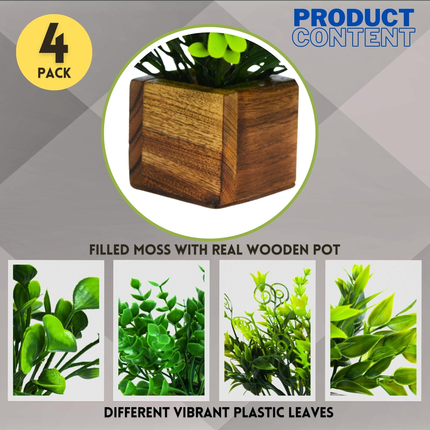DecoreBugs Artificial Greenery Leave Set in Wooden Pot (4 Pack) Mini Potted Plants for Home Decor, Office Desk, Shelf Decoration, Indoor Small Fake Eucalyptus