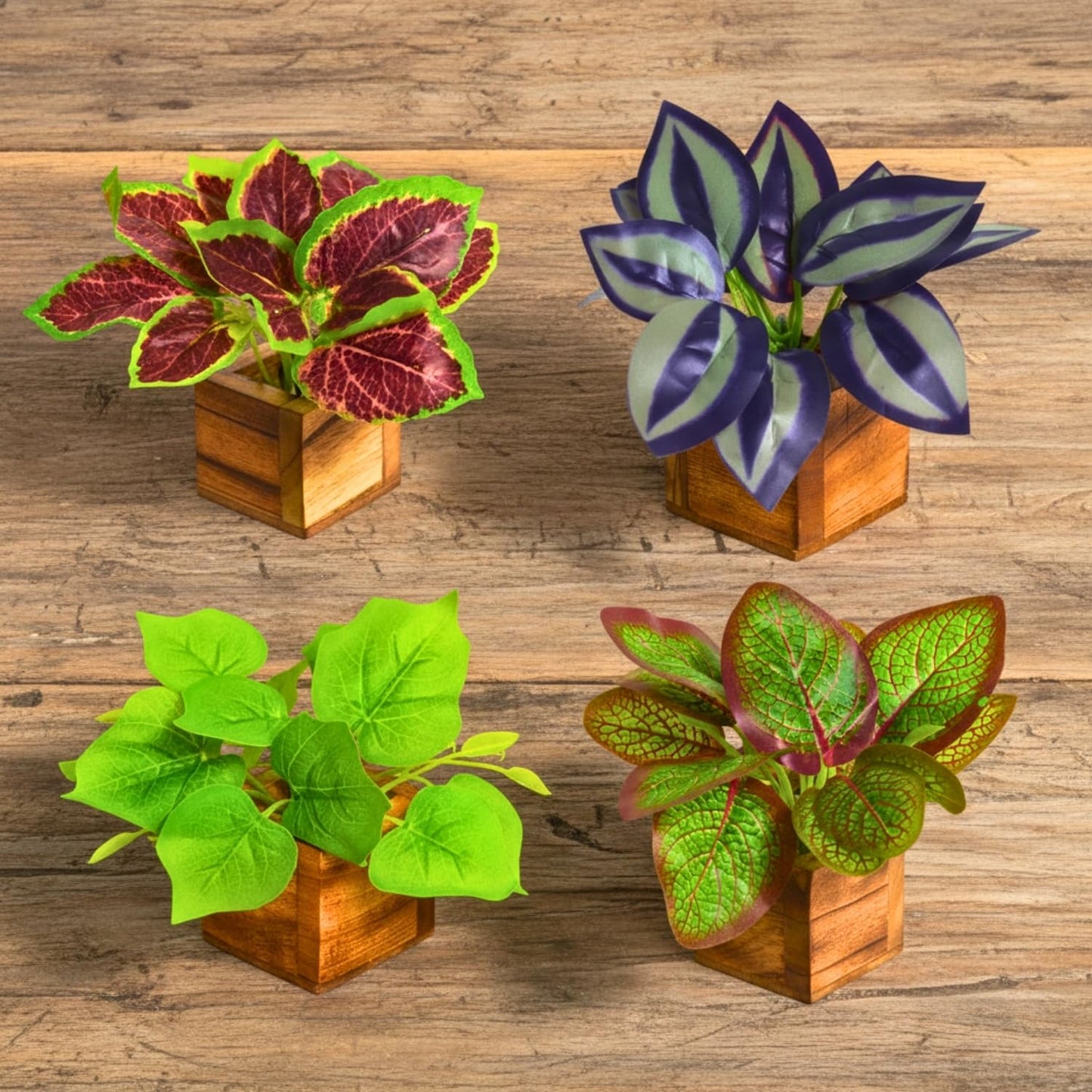 DecoreBugs Artificial Greenery Leave Set in Wooden Pot (4 Pack) Mini Potted Plants for Home Decor, Office Desk, Shelf Decoration, Indoor Small Fake Eucalyptus