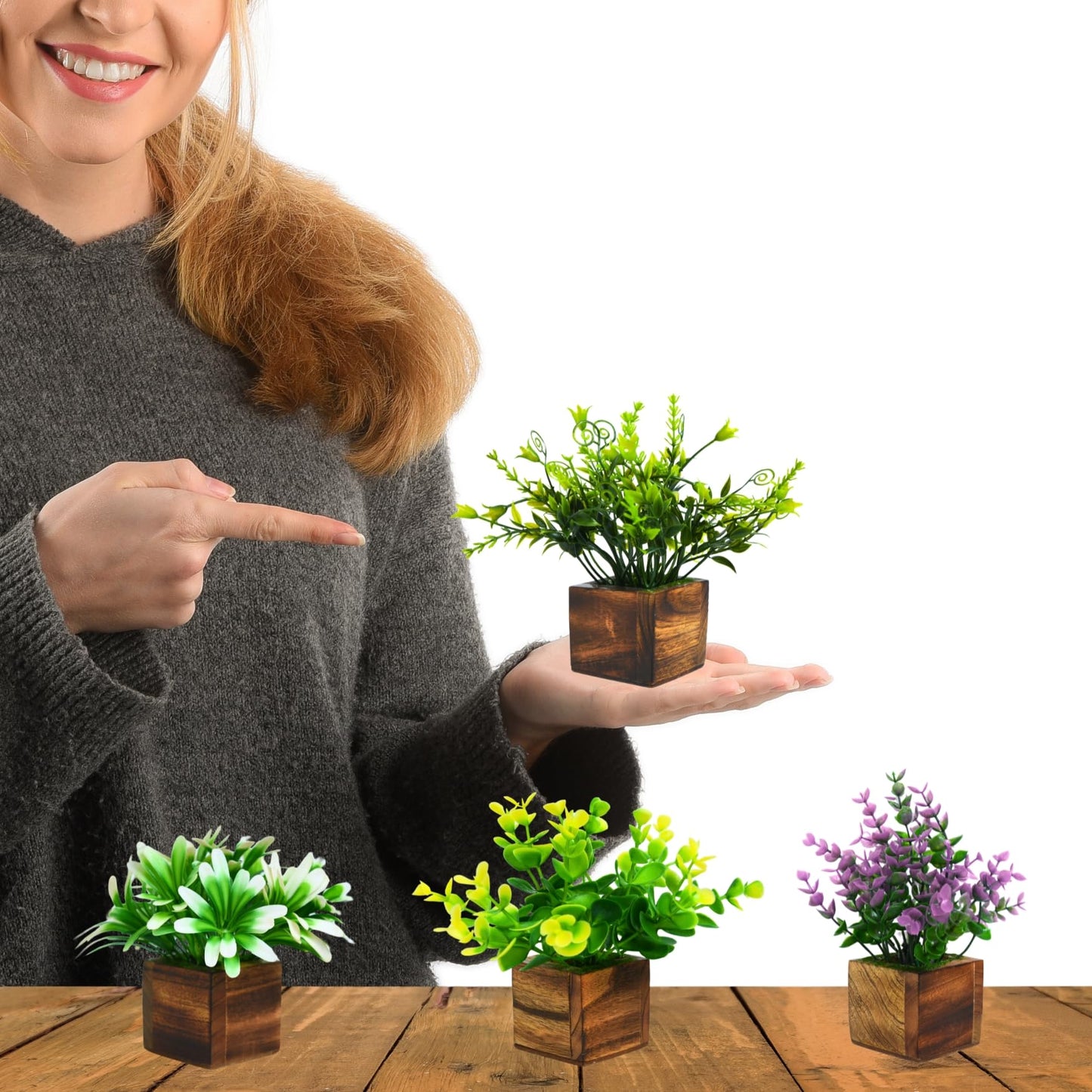 DecoreBugs Artificial Greenery Leave Set in Wooden Pot (4 Pack) Mini Potted Plants for Home Decor, Office Desk, Shelf Decoration, Indoor Small Fake Eucalyptus