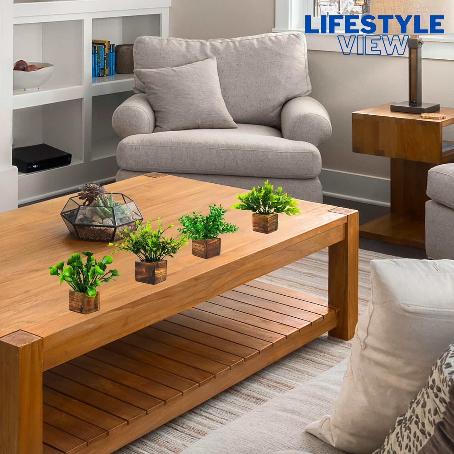 DecoreBugs Artificial Greenery Leave Set in Wooden Pot (4 Pack) Mini Potted Plants for Home Decor, Office Desk, Shelf Decoration, Indoor Small Fake Eucalyptus