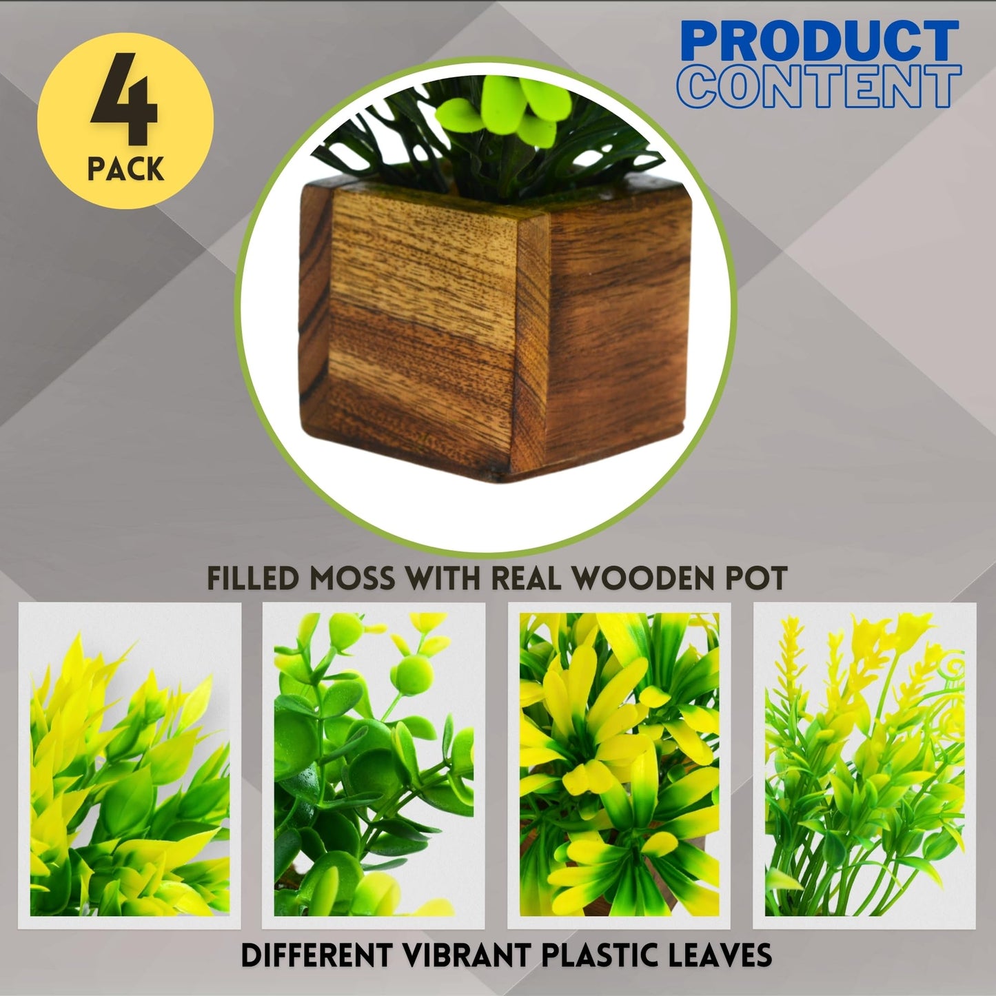 DecoreBugs Artificial Greenery Leave Set in Wooden Pot (4 Pack) Mini Potted Plants for Home Decor, Office Desk, Shelf Decoration, Indoor Small Fake Eucalyptus