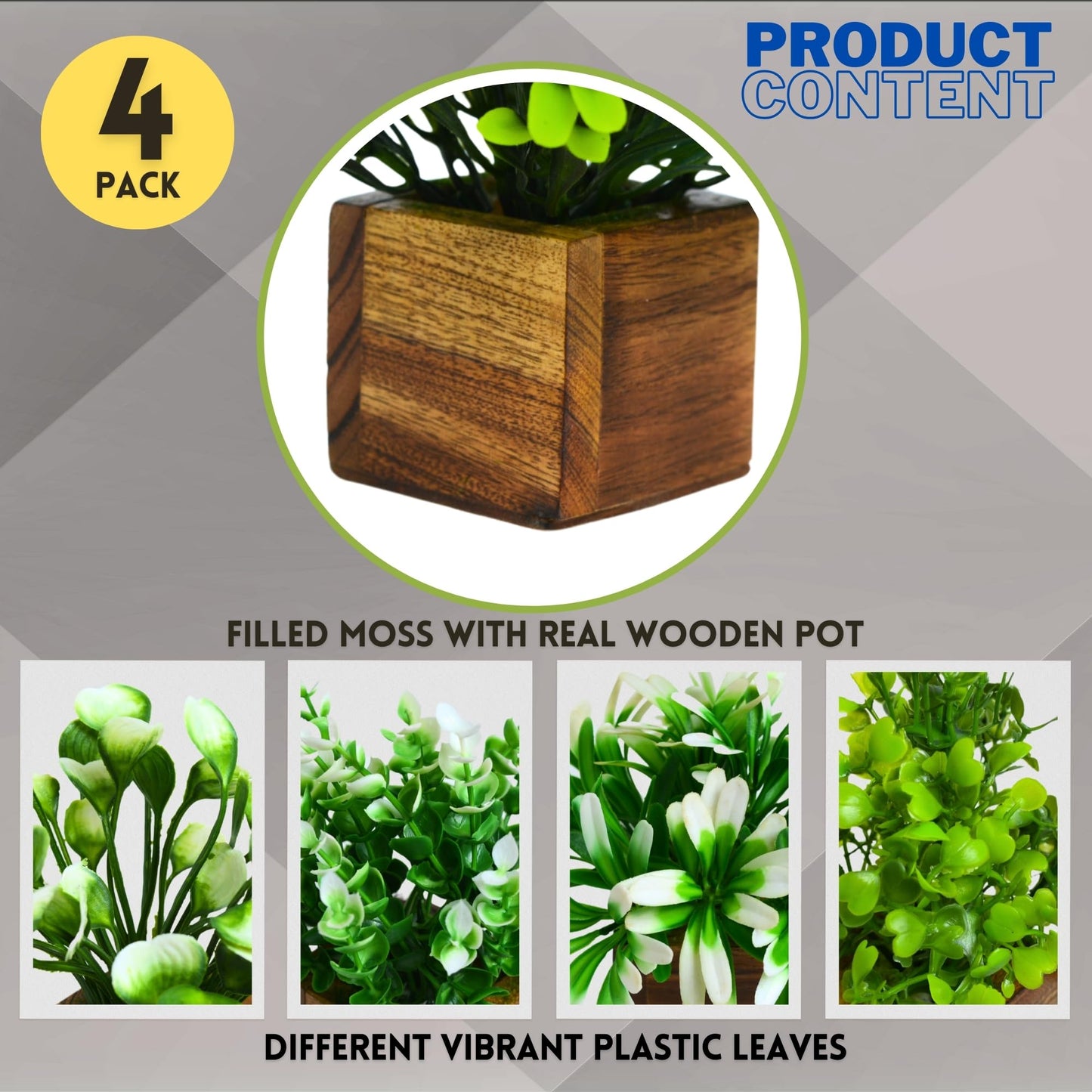 DecoreBugs Artificial Greenery Leave Set in Wooden Pot (4 Pack) Mini Potted Plants for Home Decor, Office Desk, Shelf Decoration, Indoor Small Fake Eucalyptus