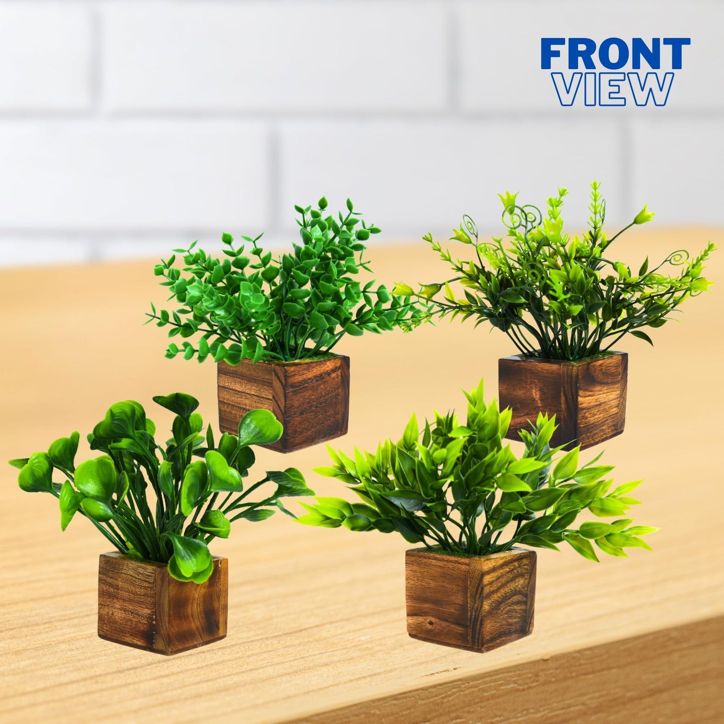 DecoreBugs Artificial Greenery Leave Set in Wooden Pot (4 Pack) Mini Potted Plants for Home Decor, Office Desk, Shelf Decoration, Indoor Small Fake Eucalyptus