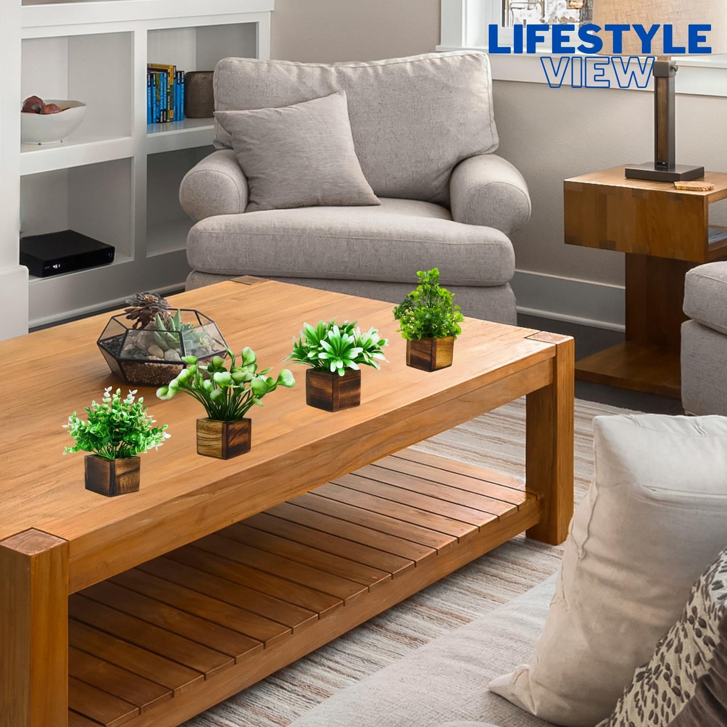 DecoreBugs Artificial Greenery Leave Set in Wooden Pot (4 Pack) Mini Potted Plants for Home Decor, Office Desk, Shelf Decoration, Indoor Small Fake Eucalyptus