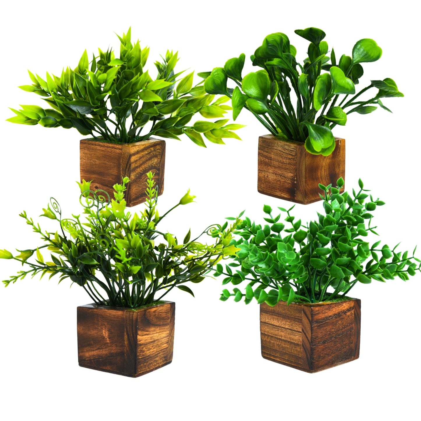 DecoreBugs Artificial Greenery Leave Set in Wooden Pot (4 Pack) Mini Potted Plants for Home Decor, Office Desk, Shelf Decoration, Indoor Small Fake Eucalyptus