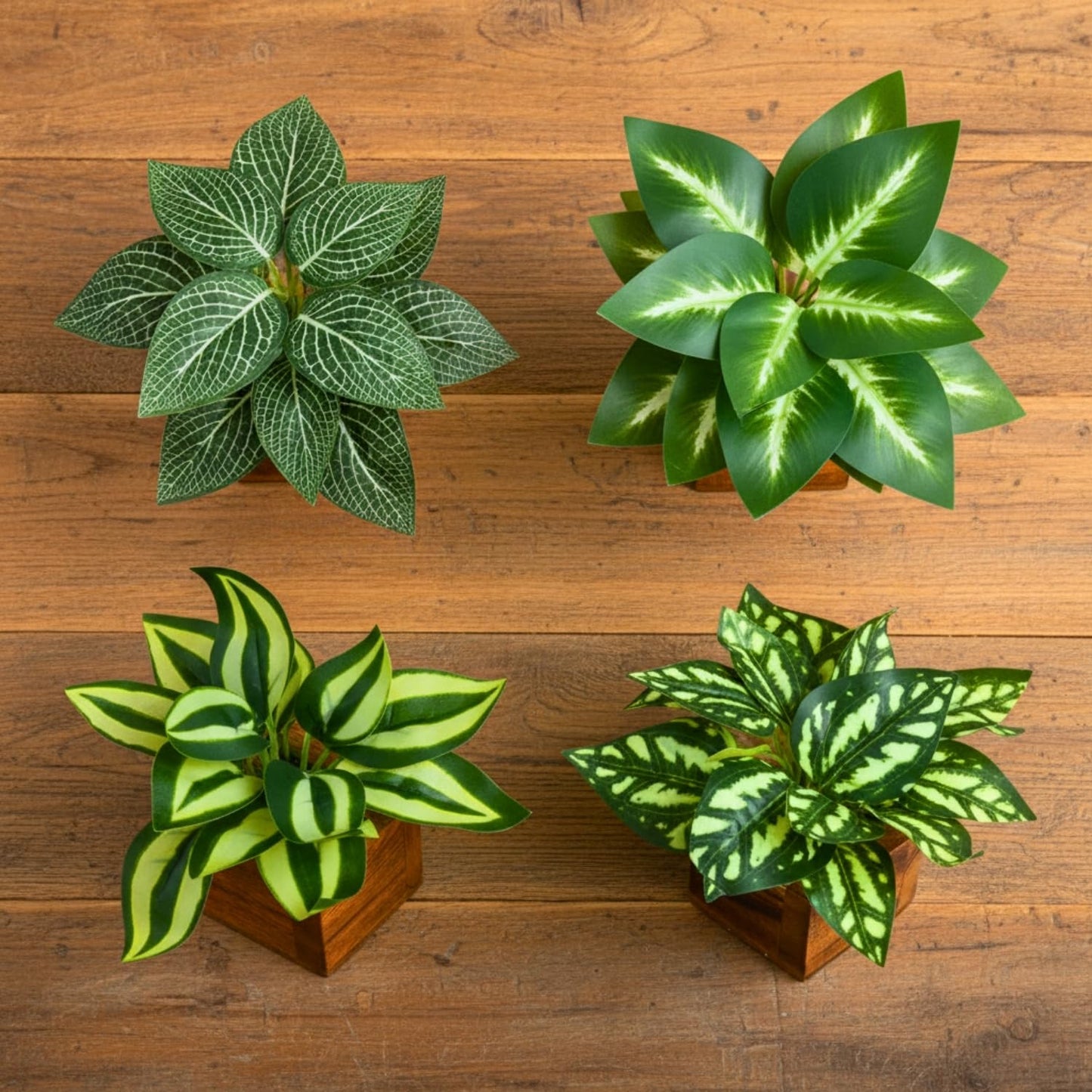 DecoreBugs Artificial Greenery Leave Set in Wooden Pot (4 Pack) Mini Potted Plants for Home Decor, Office Desk, Shelf Decoration, Indoor Small Fake Eucalyptus
