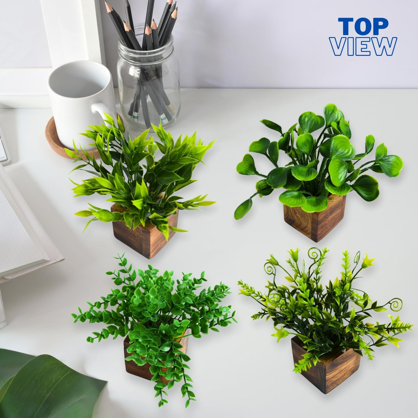 DecoreBugs Artificial Greenery Leave Set in Wooden Pot (4 Pack) Mini Potted Plants for Home Decor, Office Desk, Shelf Decoration, Indoor Small Fake Eucalyptus