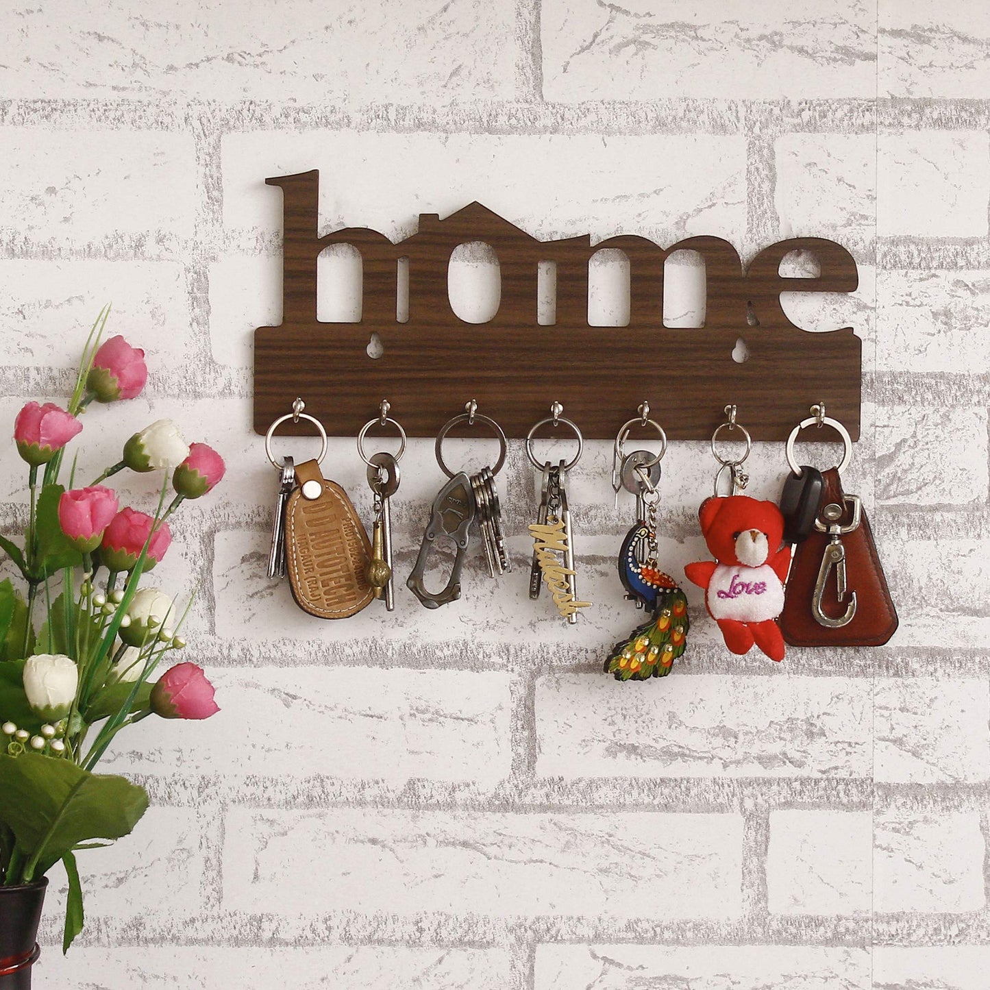 Webelkart Premium Home Keys Wooden Key Holder (29 cm x 13.5 cm x 0.4 cm, Wood) 7 Hook - Decorative Items for Home Decor (Black)